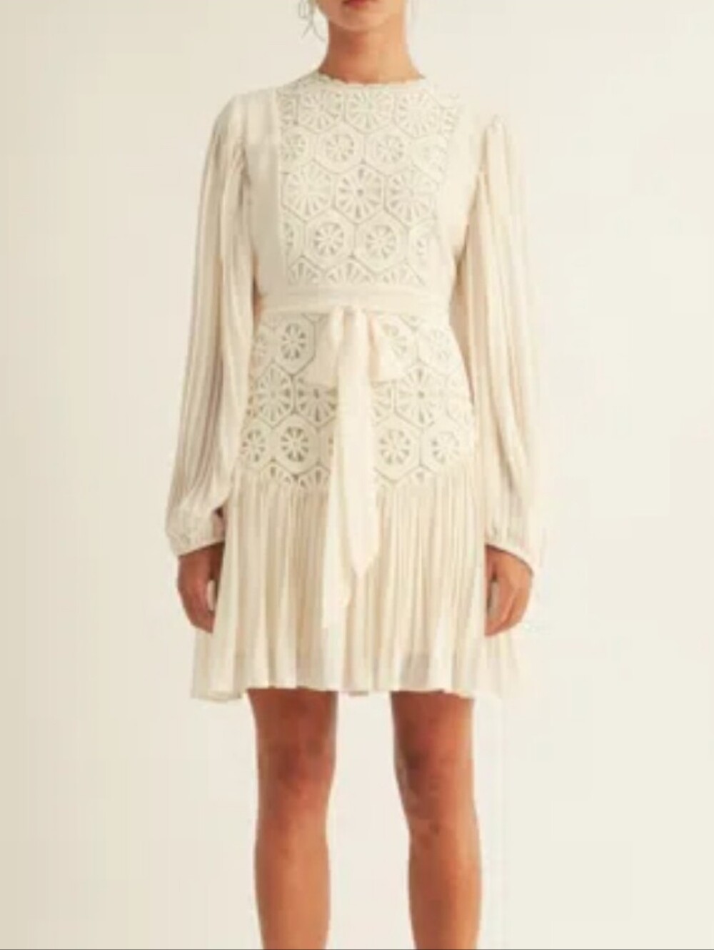 Arose Studio Ivory Crochet Lace Pleated Mini Dress Size M Long Sleeve Boho